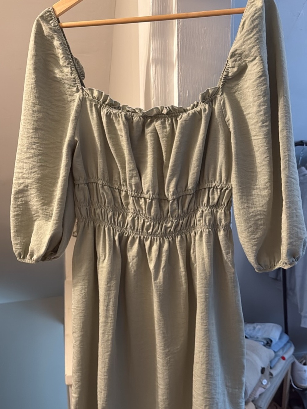 Sage Green Puff Sleeve Smocked Midi Dress